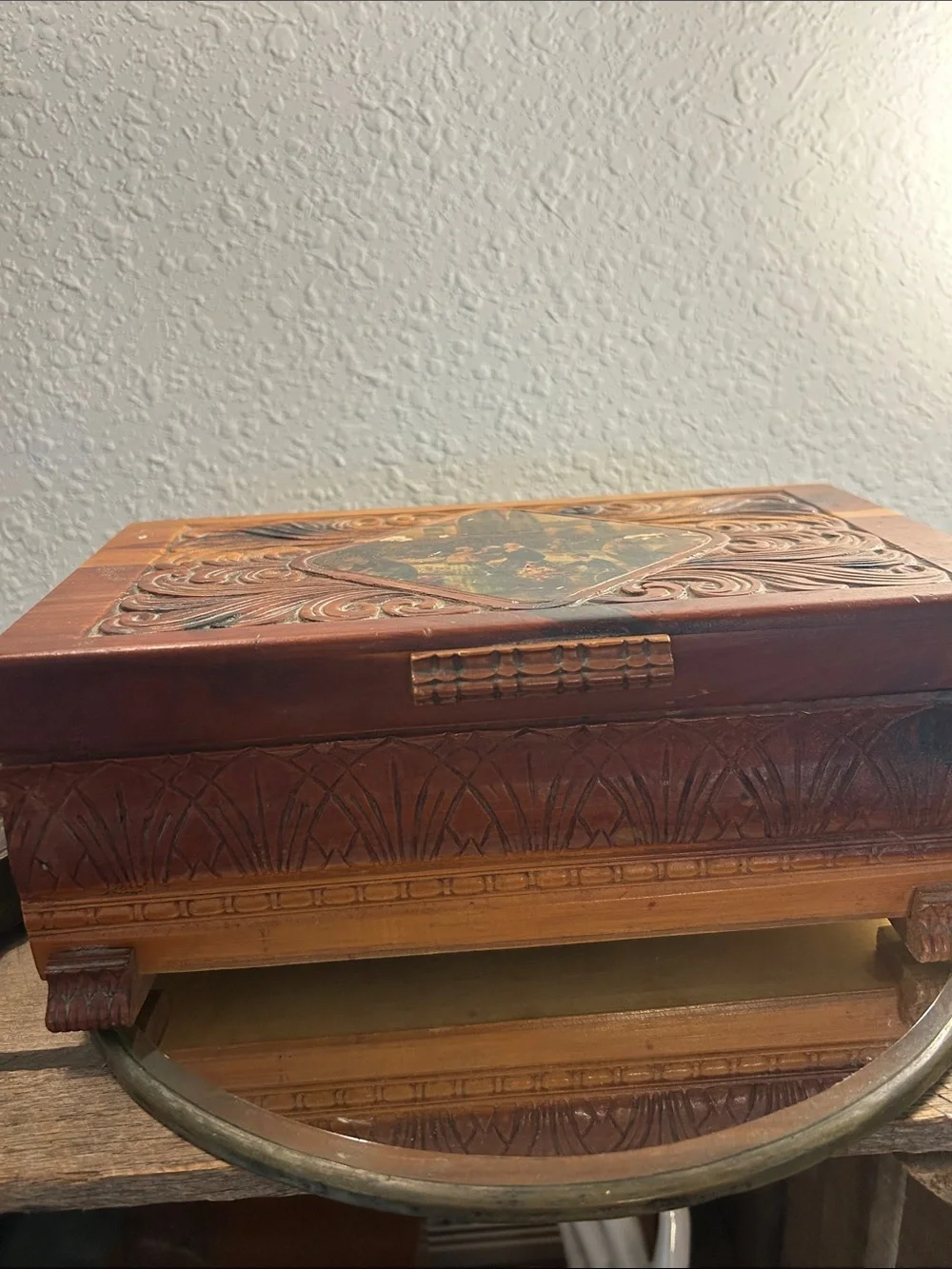 Hand-Carved Wooden Decorative Cedar Box in Warm Brown and Tan Cottage Core